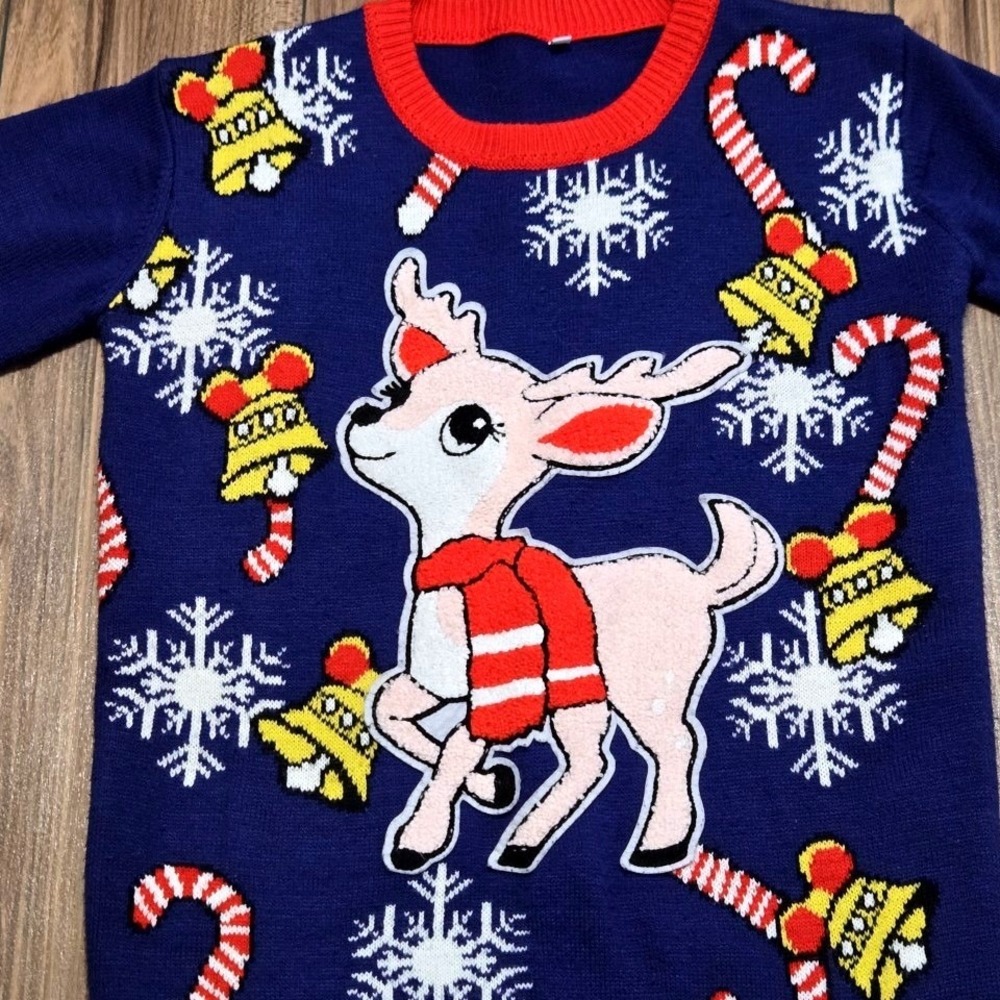 Womens Ugly Christmas Sweater Reindeer Snowflakes Candy Cane L XL (977)